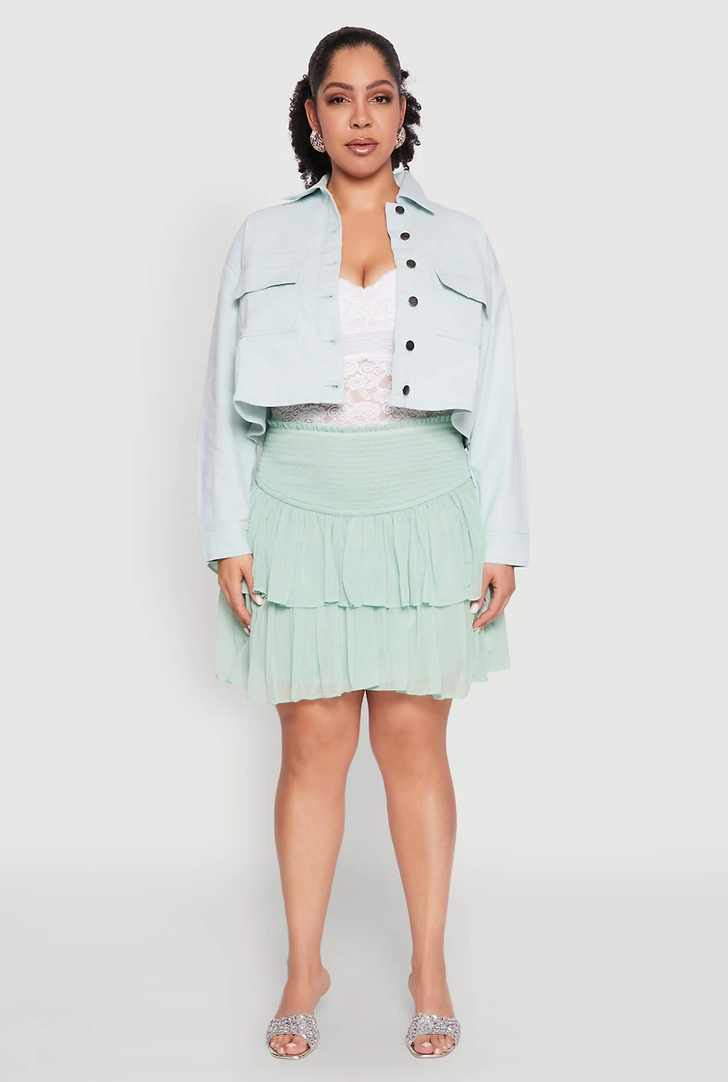 Womens Plus Size Spoon Jeans Denim Cropped Jacket, Green, Size 1X