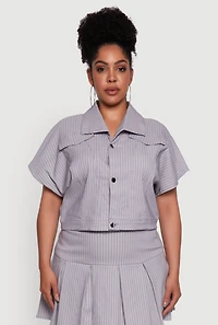 Womens Plus Size Hyperstretch Pinstripe Short Sleeve Top, Grey, Size 3X