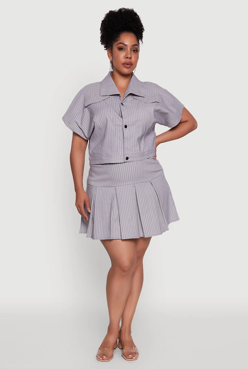 Womens Plus Size Hyperstretch Pinstripe Short Sleeve Top, Grey, Size 3X