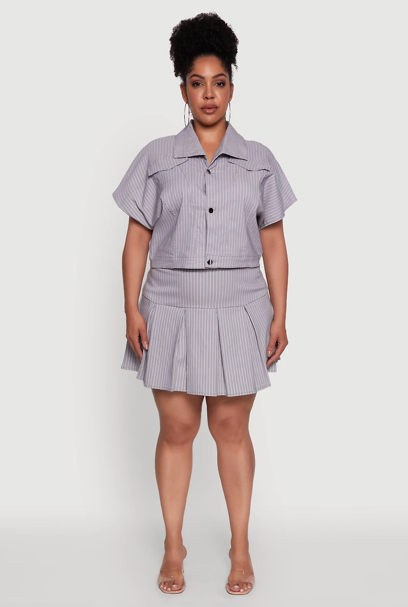 Womens Plus Size Hyperstretch Pinstripe Short Sleeve Top, Grey, Size 3X