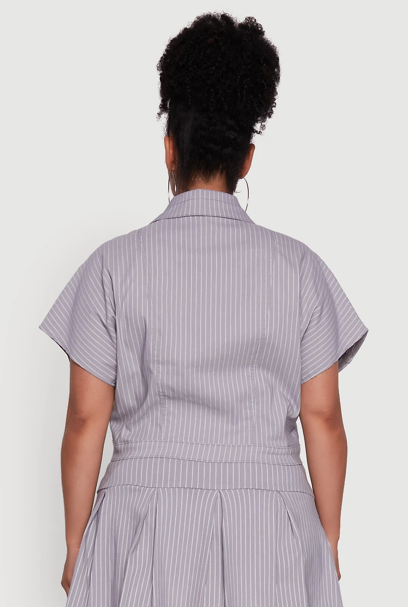 Womens Plus Size Hyperstretch Pinstripe Short Sleeve Top, Grey, Size 3X