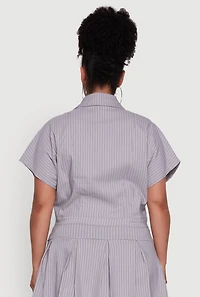 Womens Plus Size Hyperstretch Pinstripe Short Sleeve Top, Grey, Size 3X