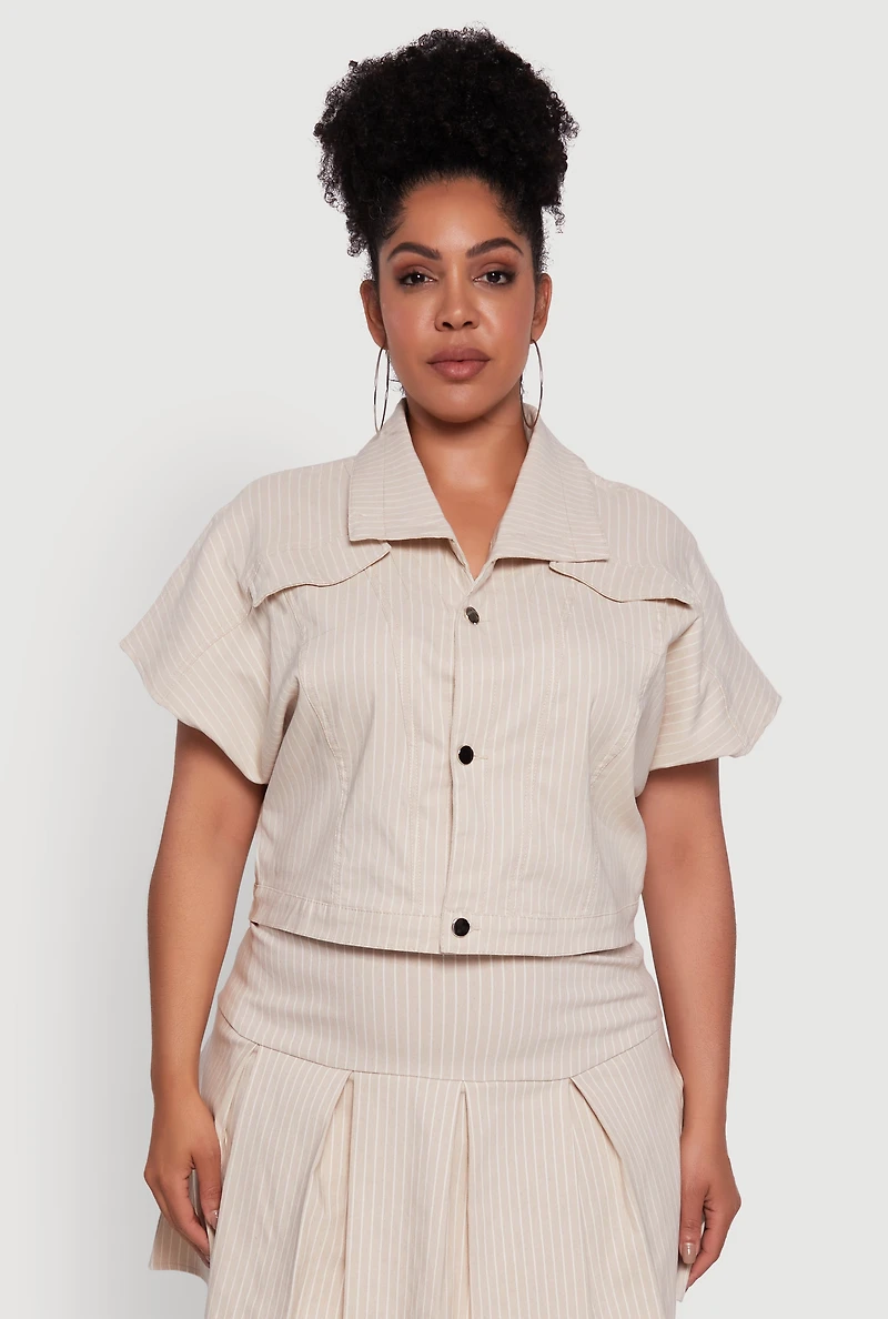 Womens Plus Size Hyperstretch Pinstripe Short Sleeve Top, Beige, Size 2X
