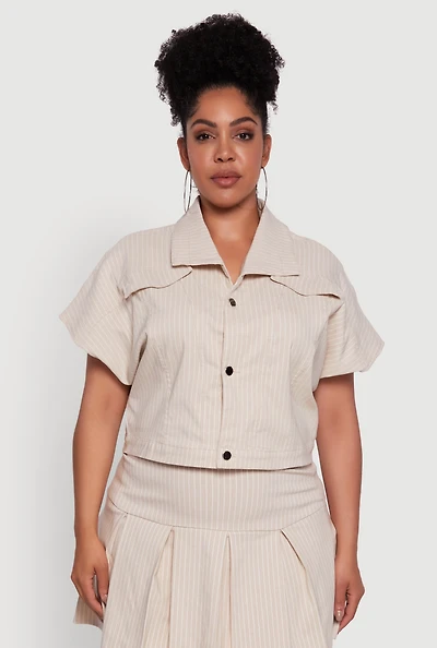 Womens Plus Size Hyperstretch Pinstripe Short Sleeve Top, Beige, Size 2X