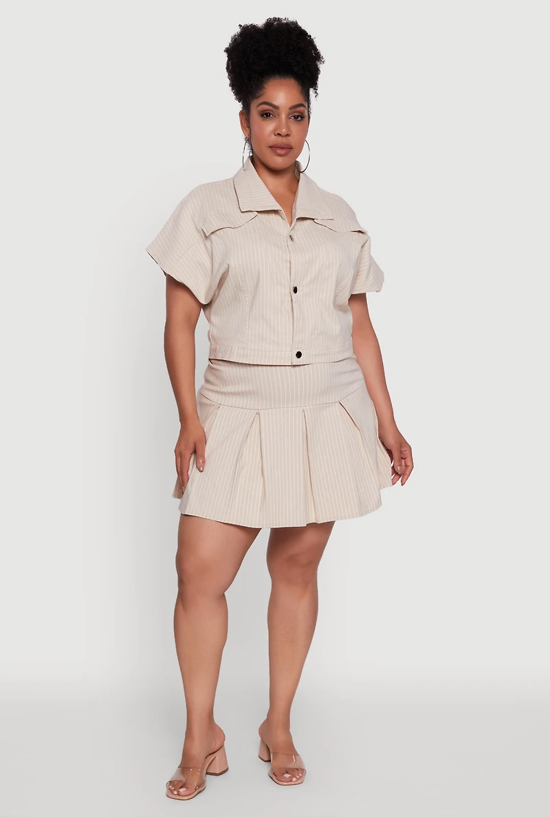 Womens Plus Size Hyperstretch Pinstripe Short Sleeve Top, Beige, Size 3X