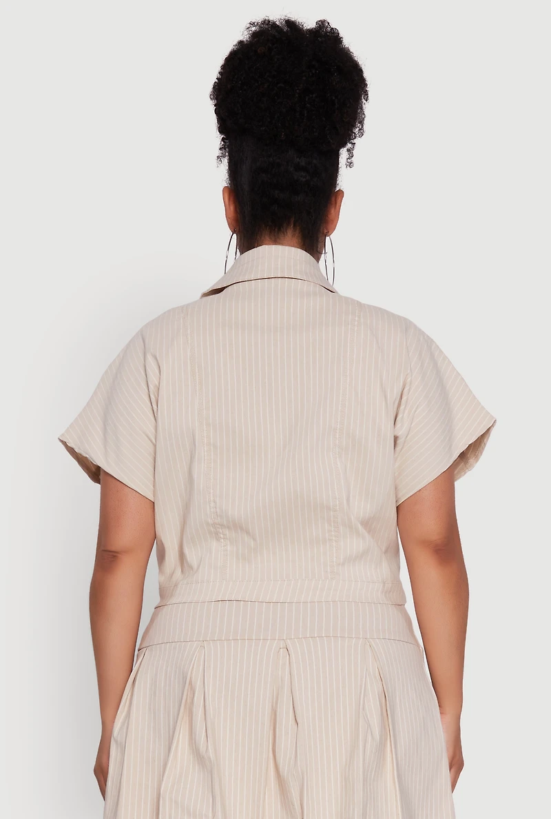 Womens Plus Hyperstretch Pinstripe Short Sleeve Top,