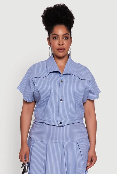 Womens Plus Size Hyperstretch Pinstripe Short Sleeve Top, Blue, Size 3X