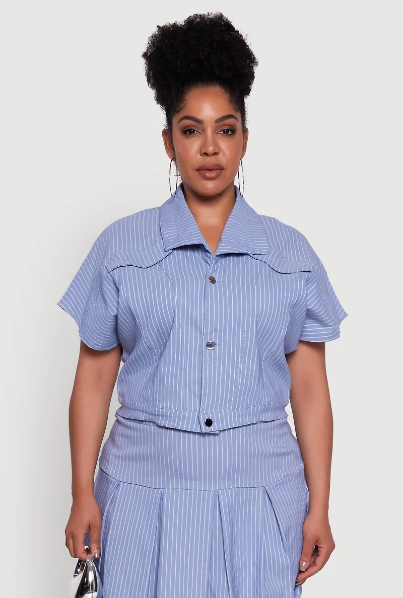 Womens Plus Size Hyperstretch Pinstripe Short Sleeve Top, Blue, Size 2X
