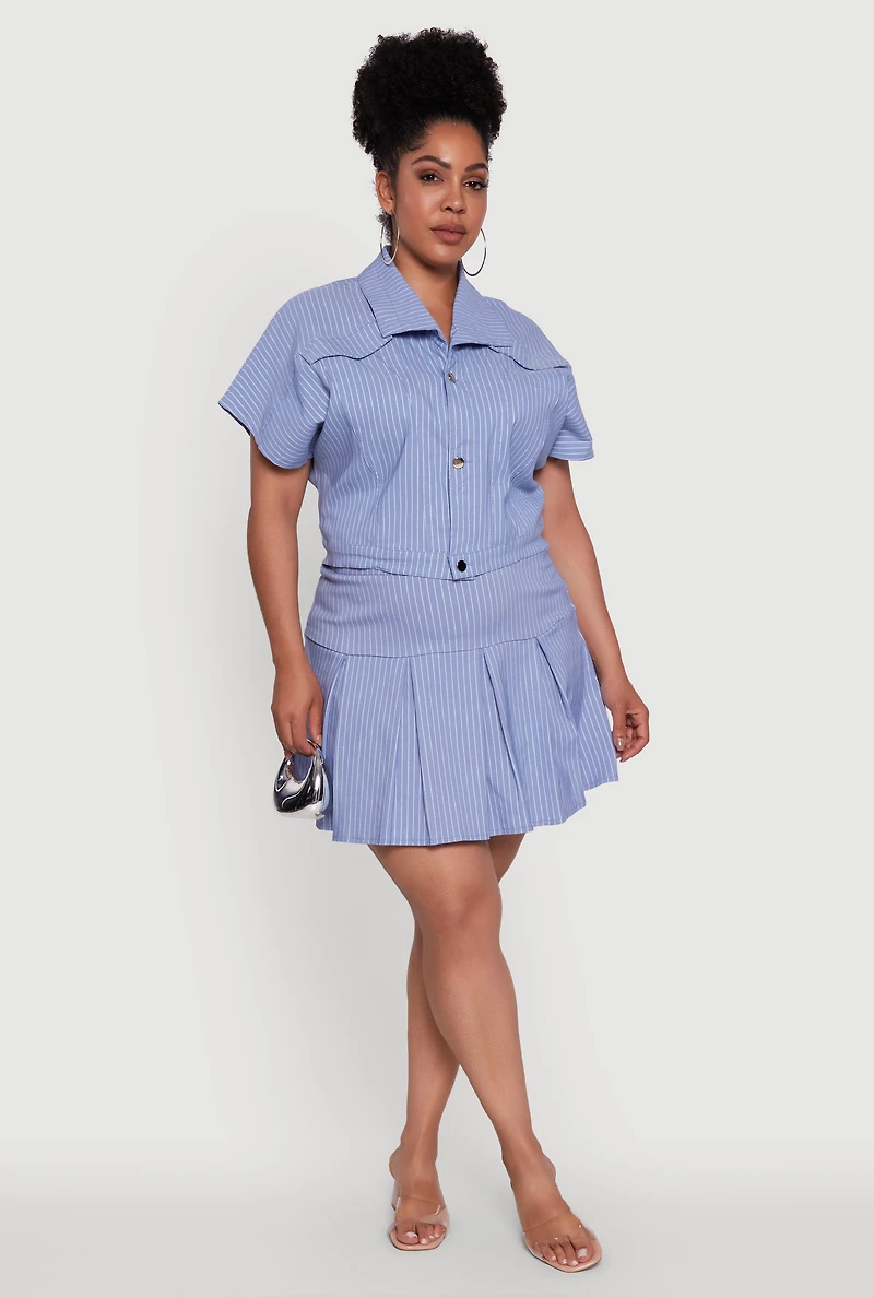 Womens Plus Size Hyperstretch Pinstripe Short Sleeve Top, Blue, Size 2X