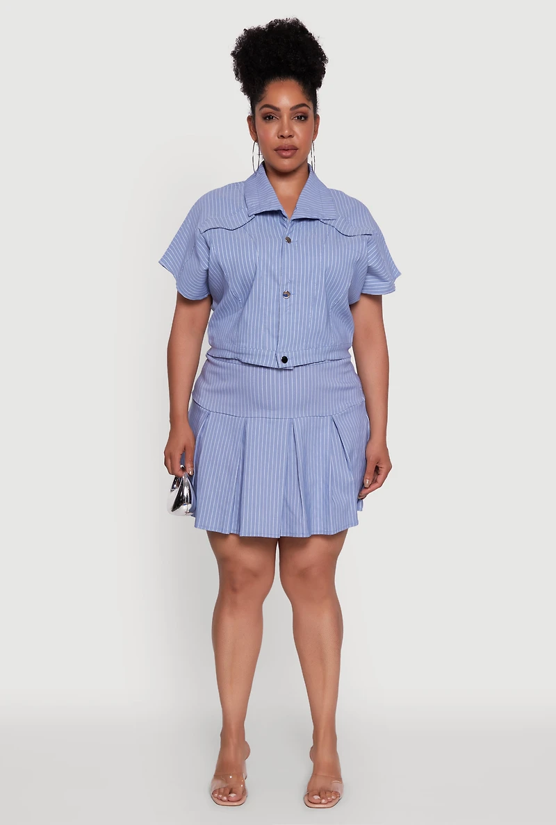 Womens Plus Size Hyperstretch Pinstripe Short Sleeve Top, Blue, Size 3X