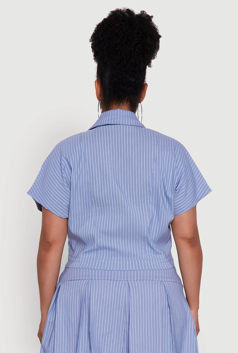 Womens Plus Size Hyperstretch Pinstripe Short Sleeve Top, Blue, Size 2X