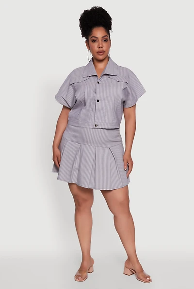 Womens Plus Hyperstretch Pinstripe Mini Pleated Skirt, Grey,
