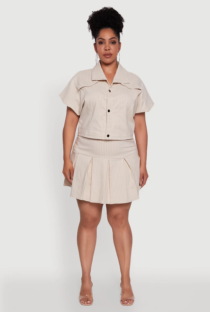 Womens Plus Size Hyperstretch Pinstripe Mini Pleated Skirt, Khaki, Size 3X
