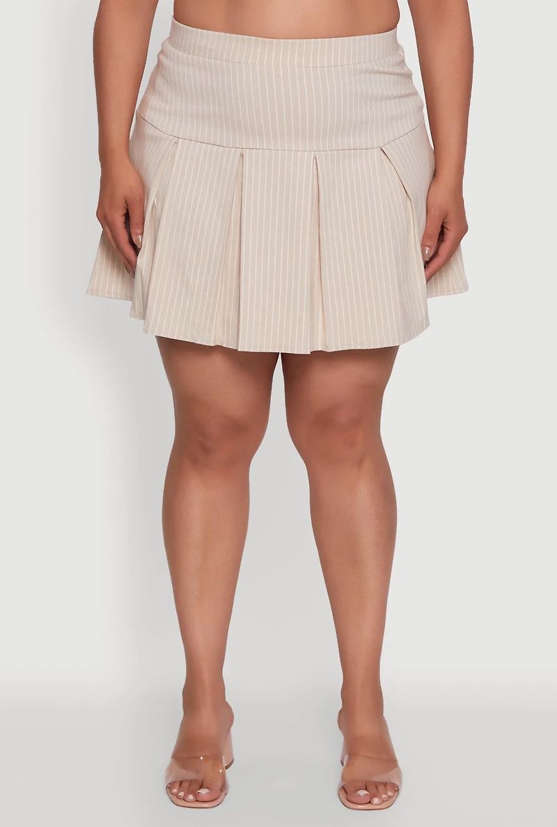 Womens Plus Size Hyperstretch Pinstripe Mini Pleated Skirt, Khaki, Size 3X