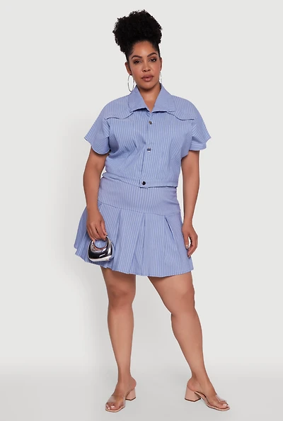 Womens Plus Size Hyperstretch Pinstripe Mini Pleated Skirt, Blue, Size 1X