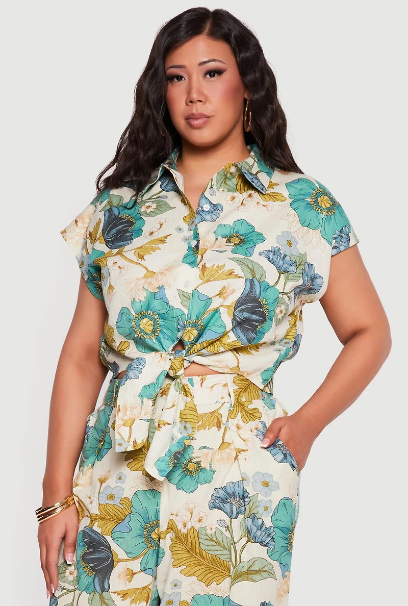 Plus Floral Tie Front Button Crop Top