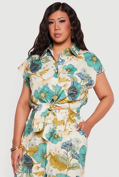 Plus Floral Tie Front Button Crop Top