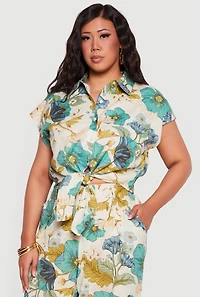 Plus Floral Tie Front Button Crop Top
