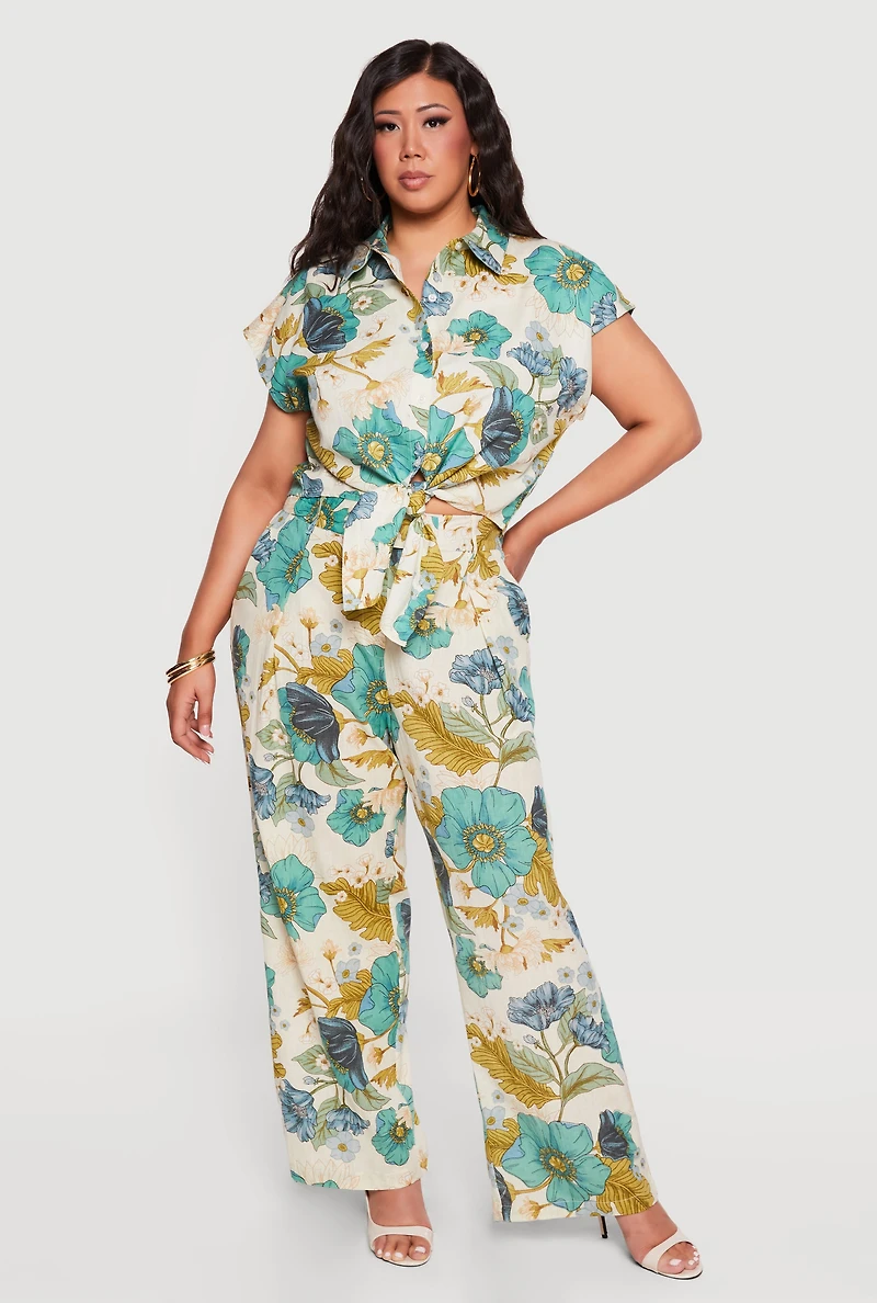 Plus Floral Tie Front Button Crop Top