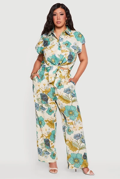 Plus Floral Pintuck Detail Wide Leg Pants