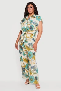 Plus Floral Pintuck Detail Wide Leg Pants
