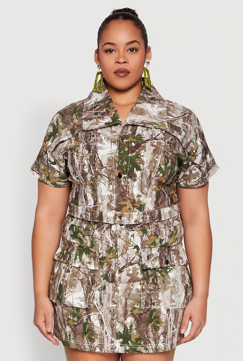 Womens Plus Size Hunter Camo Print Short Sleeve Cropped Jacket, Multi, Size 1X