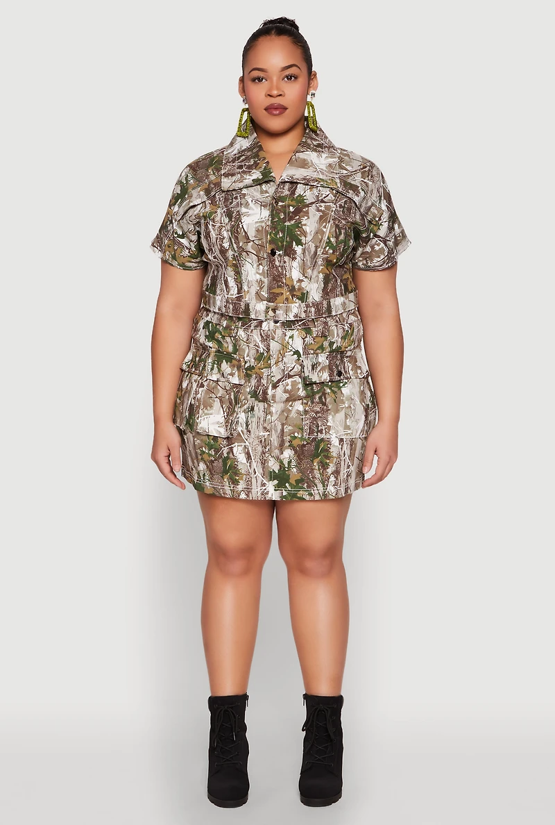 Womens Plus Size Hunter Camo Print Short Sleeve Cropped Jacket, Multi, Size 2X