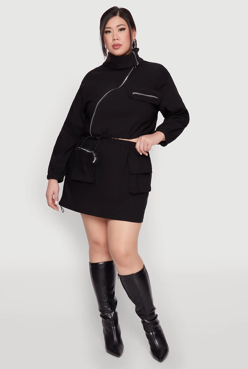 Womens Plus Size Hyperstretch Cargo Pocket Mini Skirt, Black, Size 3X