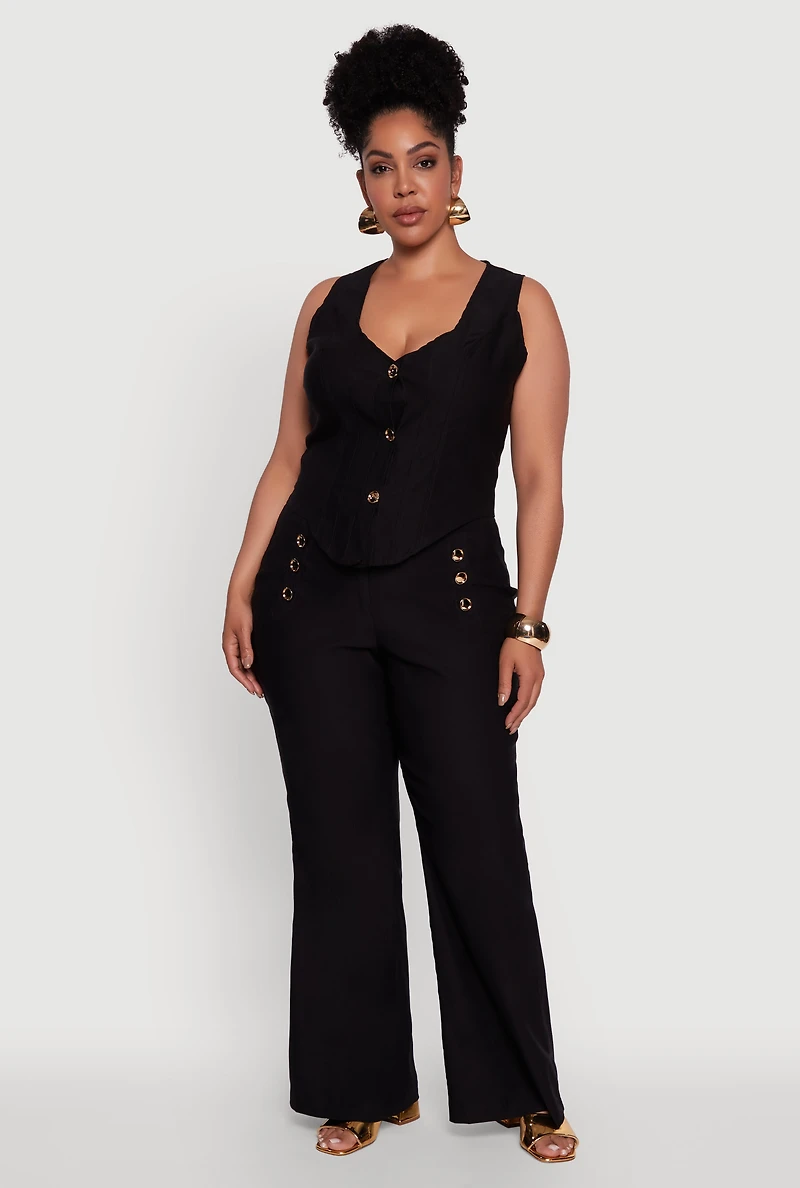 Womens Plus Wide Leg Sailor Pants with Faux Buttons,