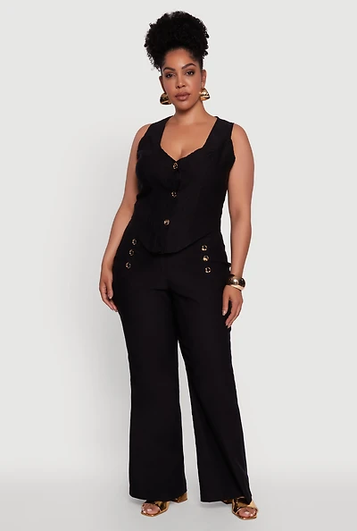 Womens Plus Wide Leg Sailor Pants with Faux Buttons,