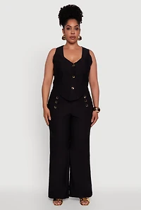 Womens Plus Size Wide Leg Sailor Pants with Faux Buttons, Black, Size 2X