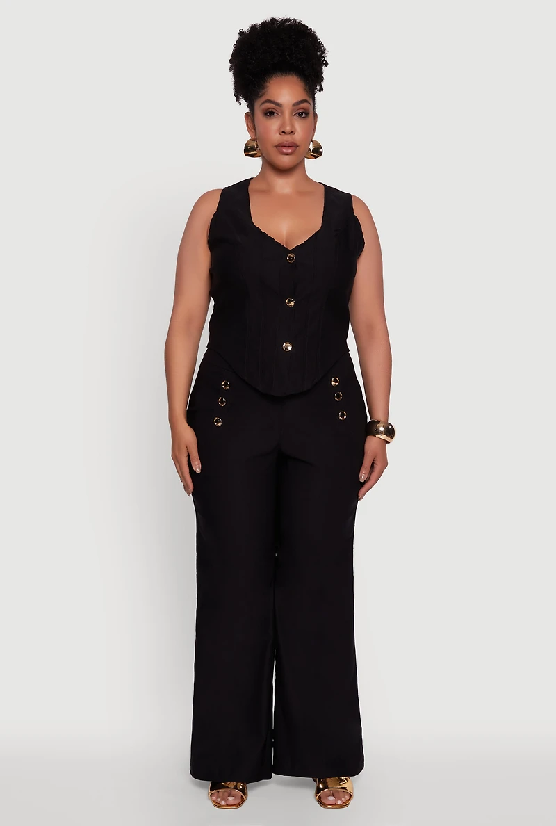 Womens Plus Size Wide Leg Sailor Pants with Faux Buttons, Black, Size 3X