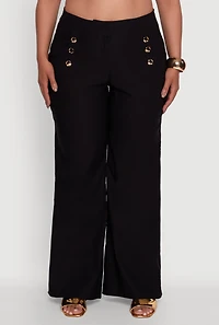 Womens Plus Wide Leg Sailor Pants with Faux Buttons,