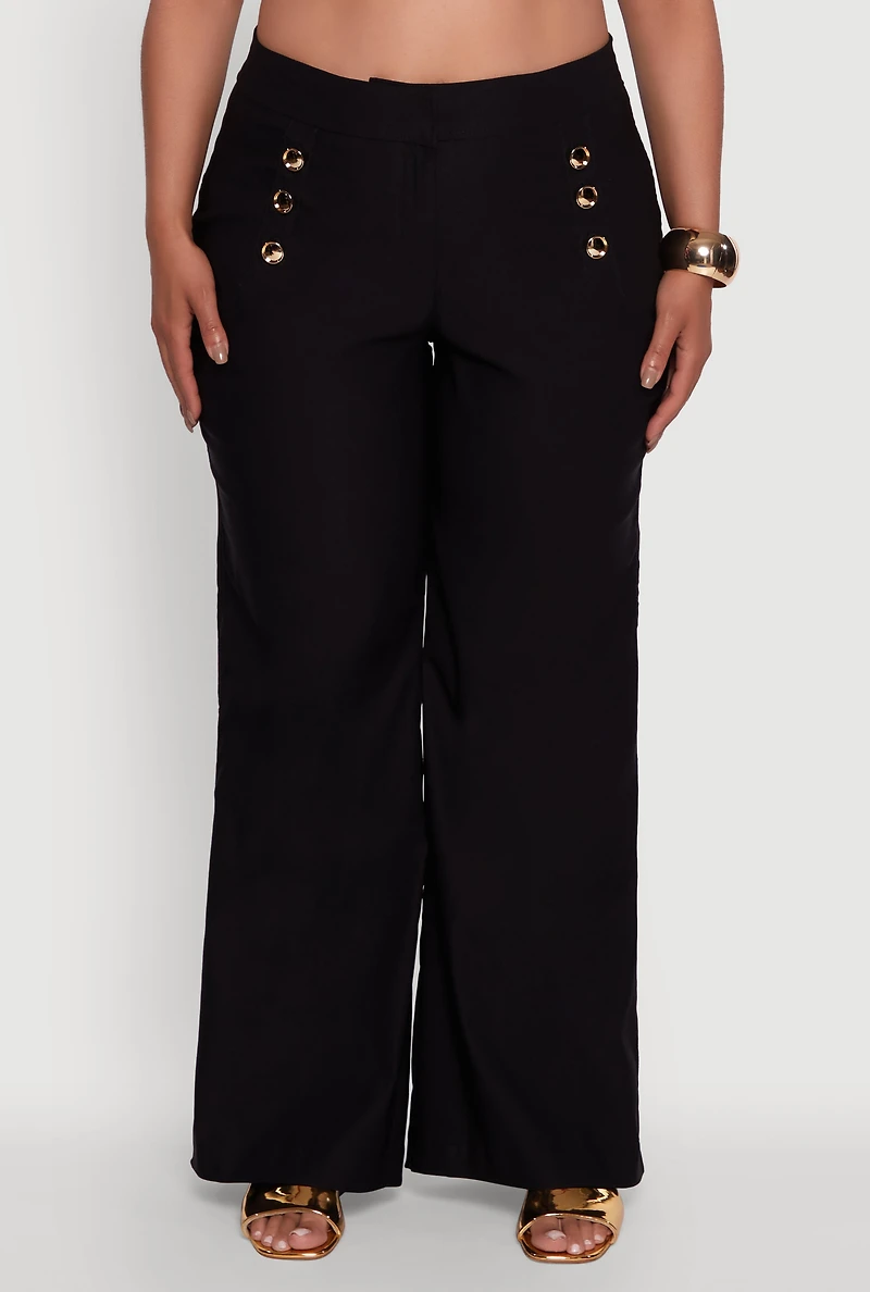 Womens Plus Size Wide Leg Sailor Pants with Faux Buttons, Black, Size 3X