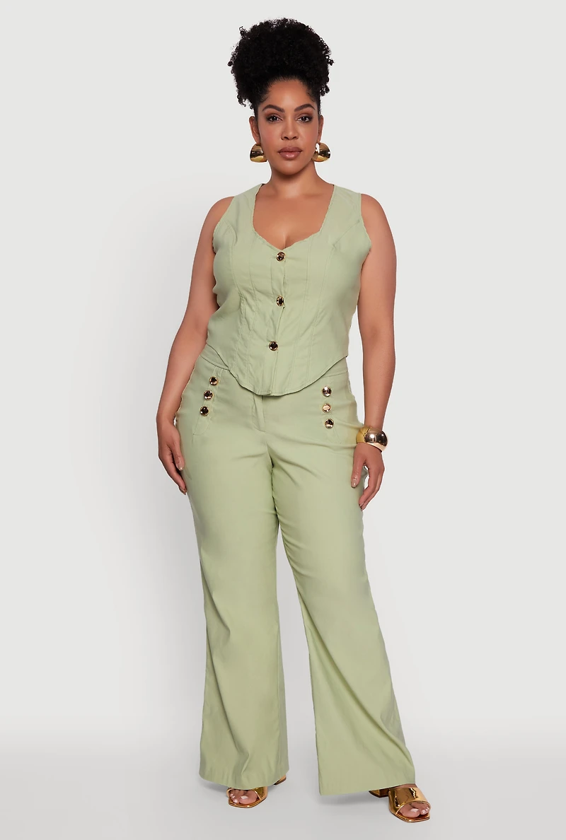 Womens Plus Wide Leg Sailor Pants with Faux Buttons, Green,
