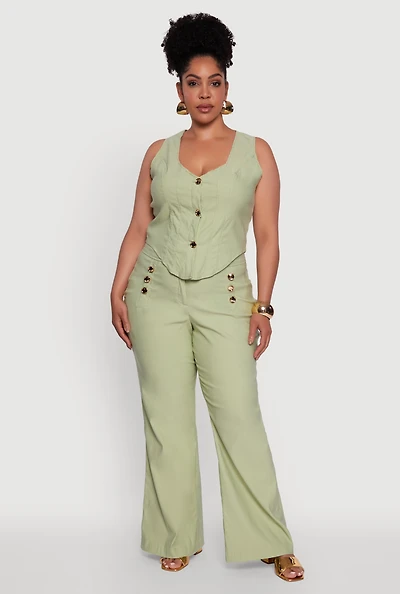 Womens Plus Wide Leg Sailor Pants with Faux Buttons, Green,