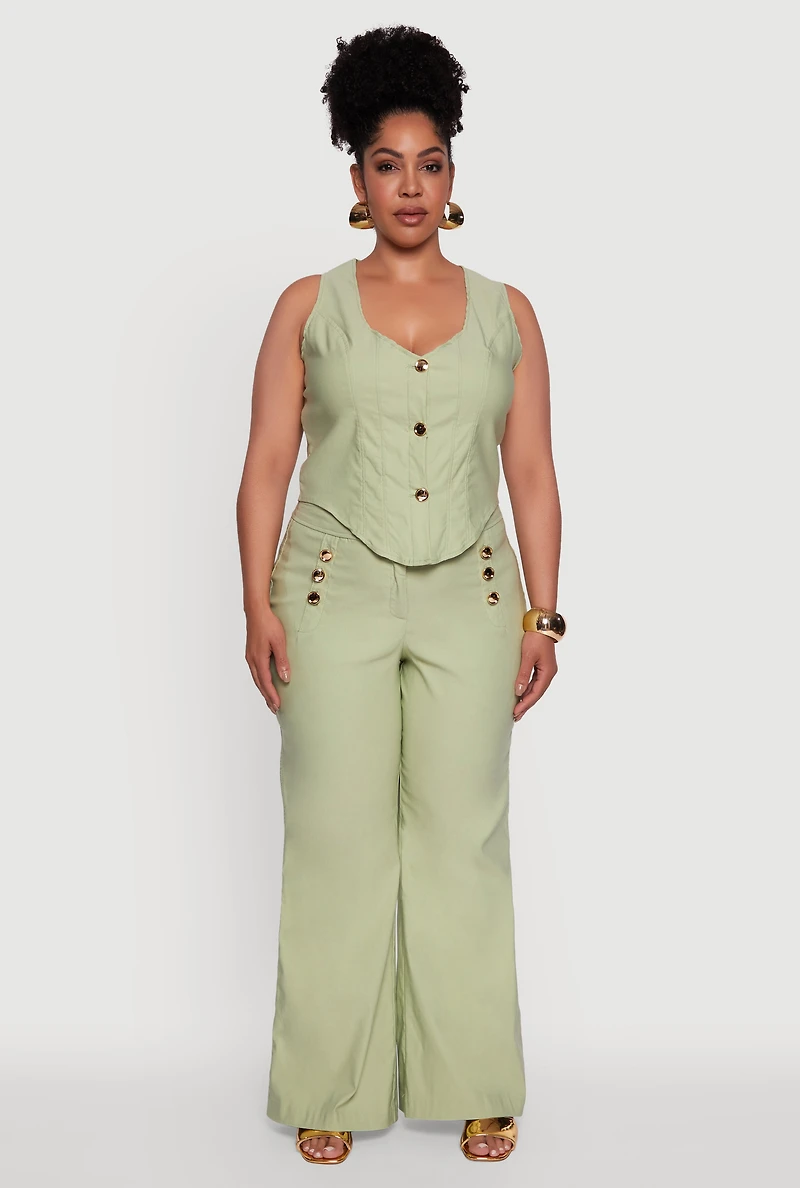 Womens Plus Wide Leg Sailor Pants with Faux Buttons, Green,