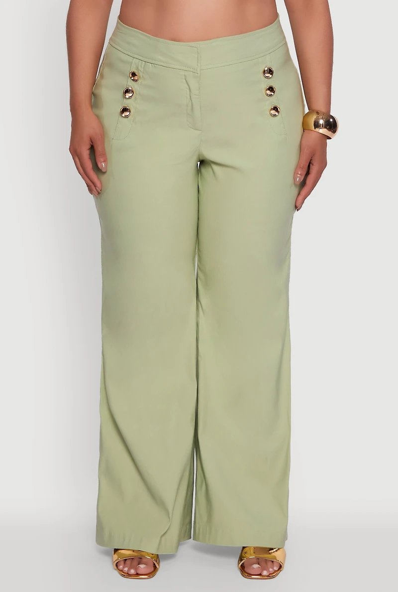 Womens Plus Size Wide Leg Sailor Pants with Faux Buttons, Green, Size 1X