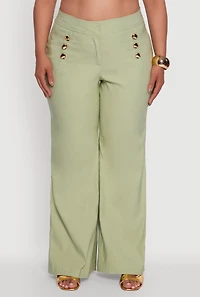 Womens Plus Size Wide Leg Sailor Pants with Faux Buttons, Green, Size 1X