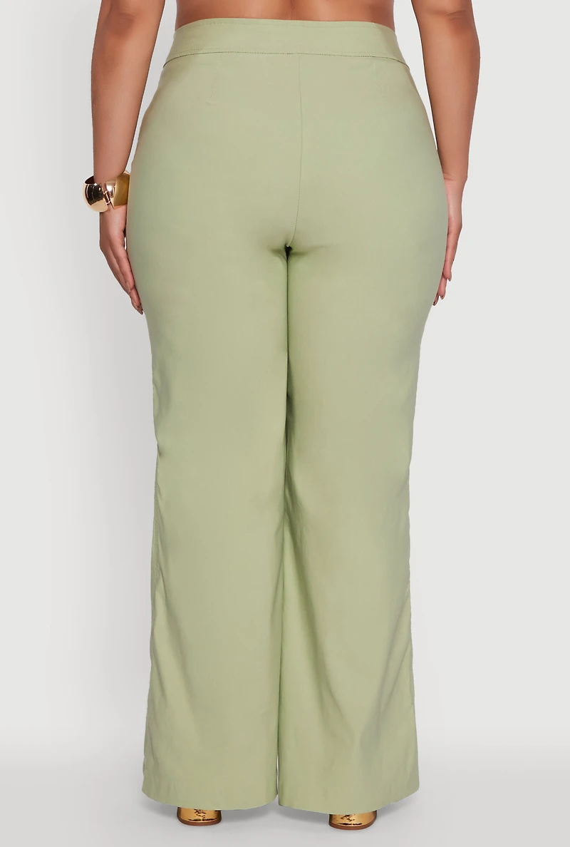 Womens Plus Wide Leg Sailor Pants with Faux Buttons, Green,