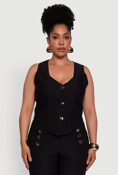 Womens Plus Stretch Solid Button Front Vest,