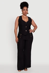 Womens Plus Stretch Solid Button Front Vest,