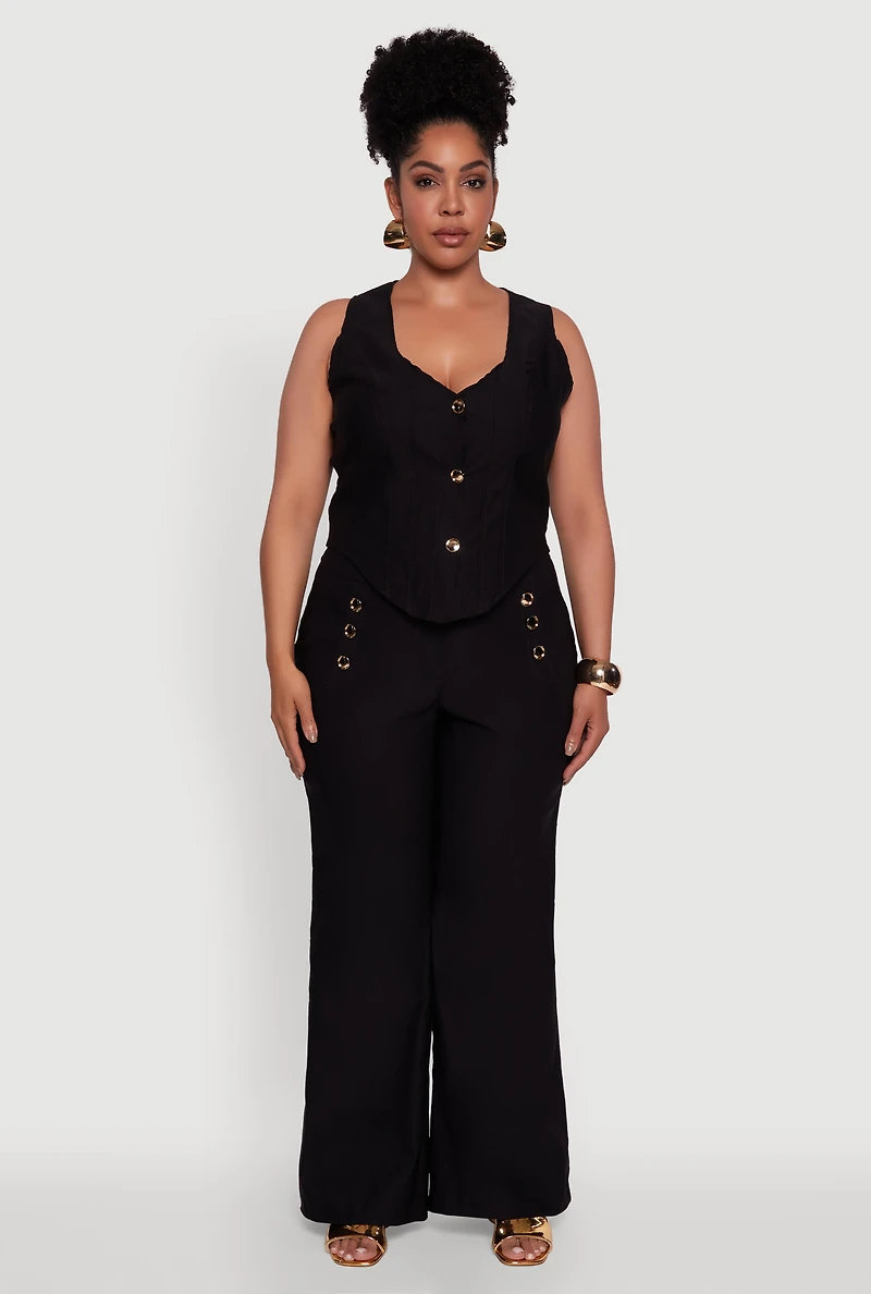 Womens Plus Size Stretch Solid Button Front Vest, Black, Size 2X