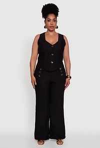 Womens Plus Stretch Solid Button Front Vest,