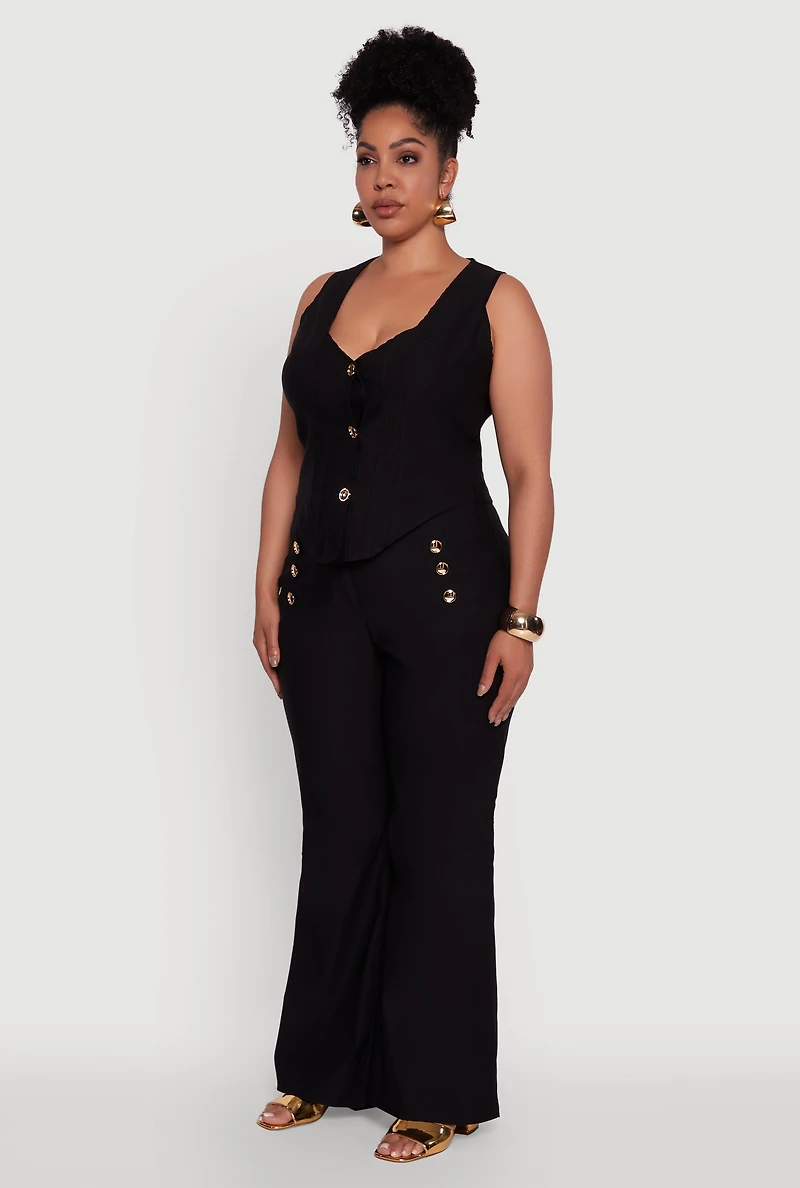 Womens Plus Size Stretch Solid Button Front Vest, Black, Size 2X