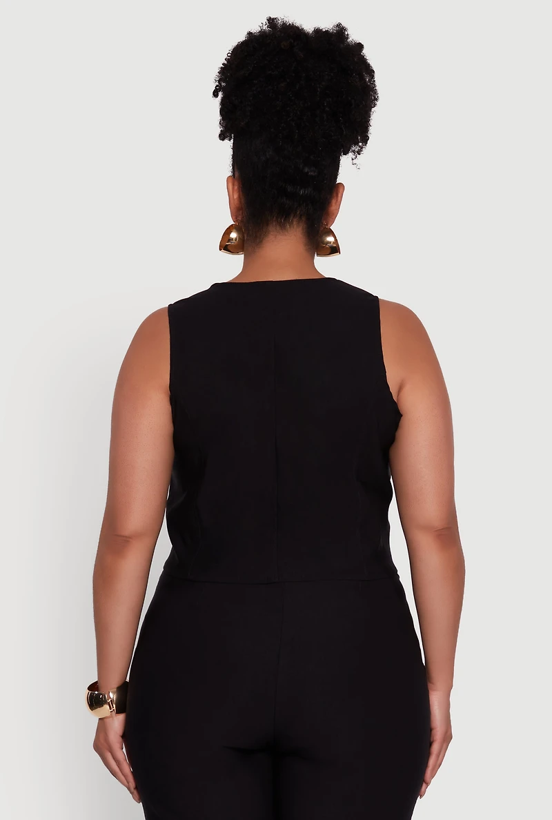 Womens Plus Size Stretch Solid Button Front Vest, Black, Size 2X