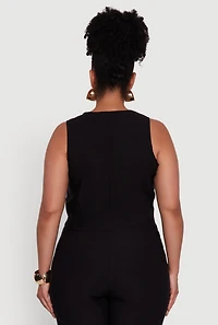 Womens Plus Size Stretch Solid Button Front Vest, Black, Size 2X