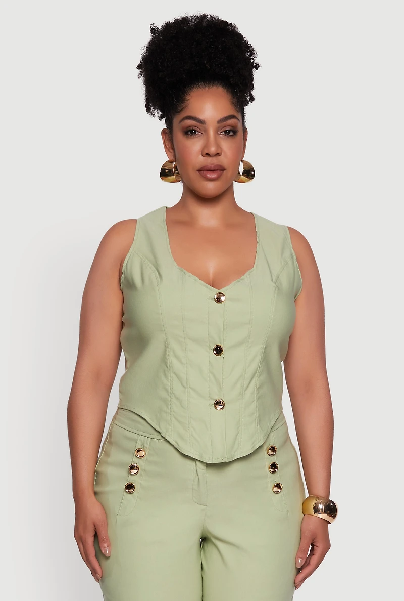 Womens Plus Size Stretch Solid Button Front Vest, Green, Size 2X