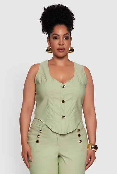 Womens Plus Size Stretch Solid Button Front Vest, Green, Size 2X