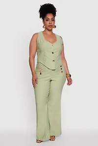 Womens Plus Size Stretch Solid Button Front Vest, Green, Size 2X